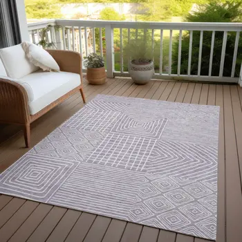 10' X 14' Lavender And Ivory Geometric Washable Indoor Outdoor Area Rug