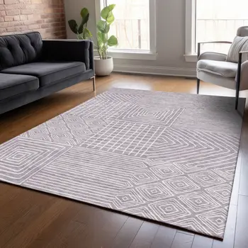 10' X 14' Lavender And Ivory Geometric Washable Indoor Outdoor Area Rug