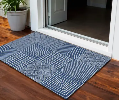 3' X 5' Navy Blue And Ivory Geometric Washable Indoor Outdoor Area Rug