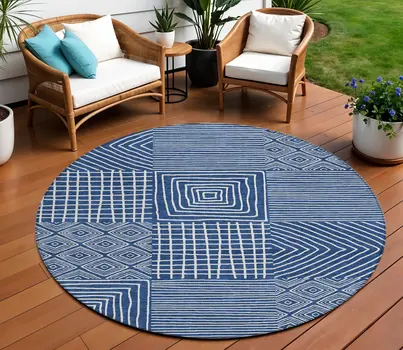 8' Navy Blue And Ivory Round Geometric Washable Indoor Outdoor Area Rug