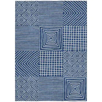 10' X 14' Navy Blue And Ivory Geometric Washable Indoor Outdoor Area Rug