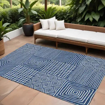10' X 14' Navy Blue And Ivory Geometric Washable Indoor Outdoor Area Rug