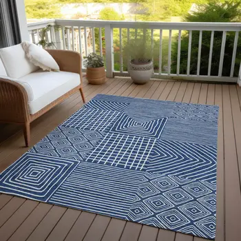 10' X 14' Navy Blue And Ivory Geometric Washable Indoor Outdoor Area Rug