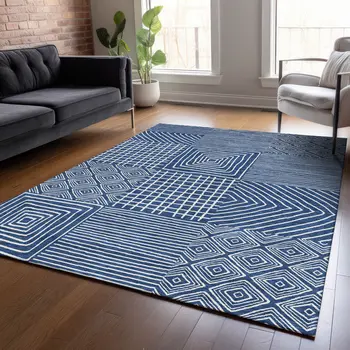 10' X 14' Navy Blue And Ivory Geometric Washable Indoor Outdoor Area Rug