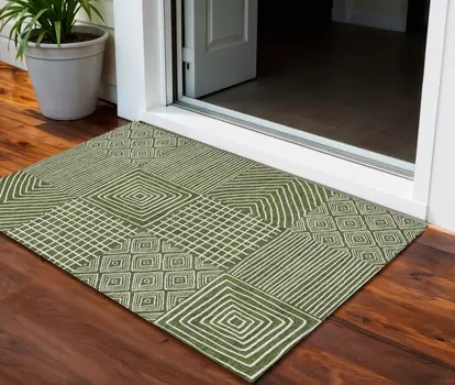 3' X 5' Olive Green And Ivory Geometric Washable Indoor Outdoor Area Rug