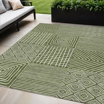5' X 8' Olive Green And Ivory Geometric Washable Indoor Outdoor Area Rug