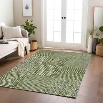 5' X 8' Olive Green And Ivory Geometric Washable Indoor Outdoor Area Rug