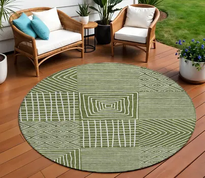 8' Olive Green And Ivory Round Geometric Washable Indoor Outdoor Area Rug