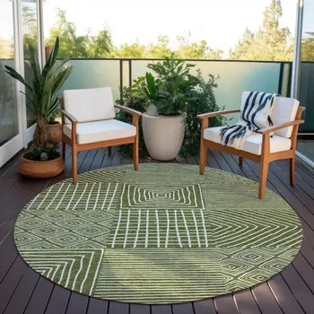 8' Olive Green And Ivory Round Geometric Washable Indoor Outdoor Area Rug