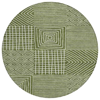 8' Olive Green And Ivory Round Geometric Washable Indoor Outdoor Area Rug