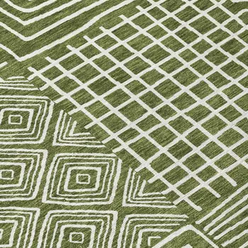 8' X 10' Olive Green And Ivory Geometric Washable Indoor Outdoor Area Rug