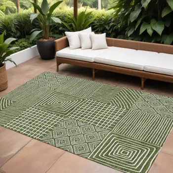 9' X 12' Olive Green And Ivory Geometric Washable Indoor Outdoor Area Rug