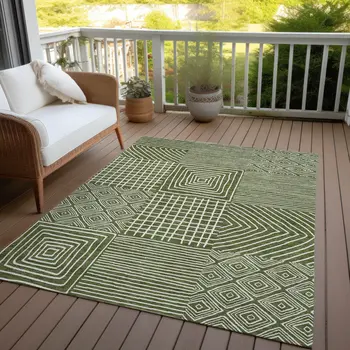9' X 12' Olive Green And Ivory Geometric Washable Indoor Outdoor Area Rug