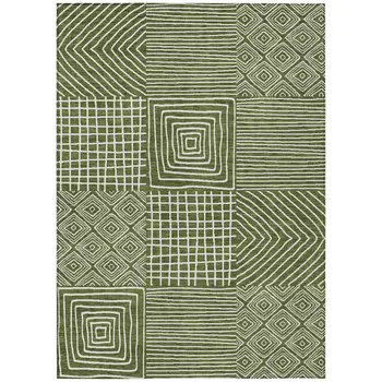 9' X 12' Olive Green And Ivory Geometric Washable Indoor Outdoor Area Rug