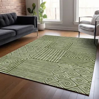 9' X 12' Olive Green And Ivory Geometric Washable Indoor Outdoor Area Rug