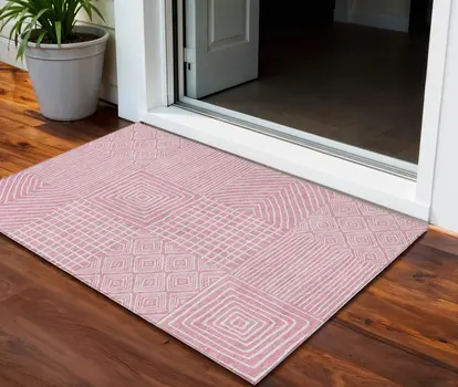 3' X 5' Pink And Ivory Geometric Washable Indoor Outdoor Area Rug