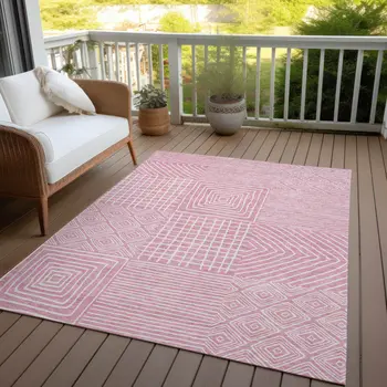 3' X 5' Pink And Ivory Geometric Washable Indoor Outdoor Area Rug