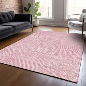 3' X 5' Pink And Ivory Geometric Washable Indoor Outdoor Area Rug