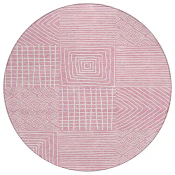 8' Pink And Ivory Round Geometric Washable Indoor Outdoor Area Rug