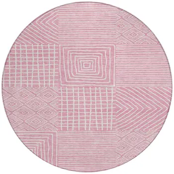 8' Pink And Ivory Round Geometric Washable Indoor Outdoor Area Rug