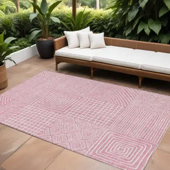 9' X 12' Pink And Ivory Geometric Washable Indoor Outdoor Area Rug