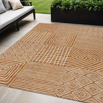 5' X 8' Copper And Ivory Geometric Washable Indoor Outdoor Area Rug