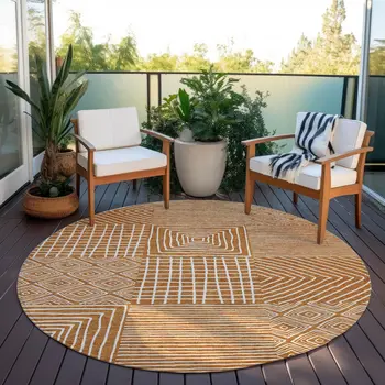 8' Copper And Ivory Round Geometric Washable Indoor Outdoor Area Rug