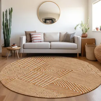 8' Copper And Ivory Round Geometric Washable Indoor Outdoor Area Rug