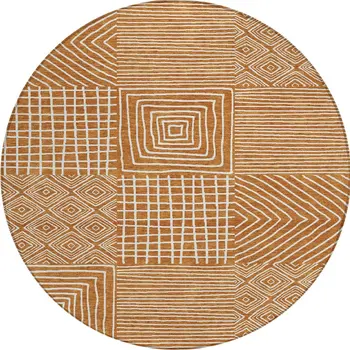 8' Copper And Ivory Round Geometric Washable Indoor Outdoor Area Rug