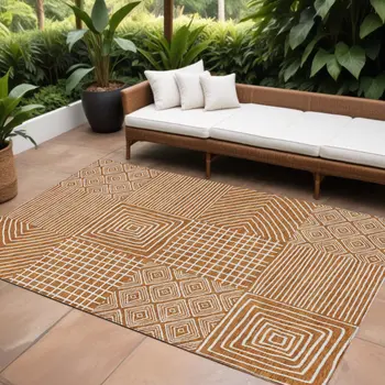 9' X 12' Copper And Ivory Geometric Washable Indoor Outdoor Area Rug