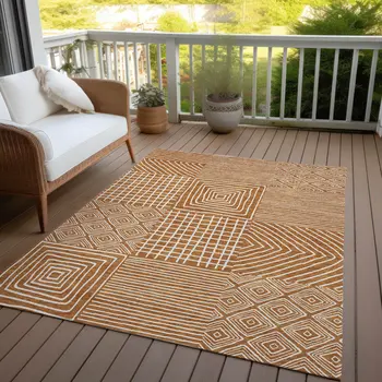 10' X 14' Copper And Ivory Geometric Washable Indoor Outdoor Area Rug
