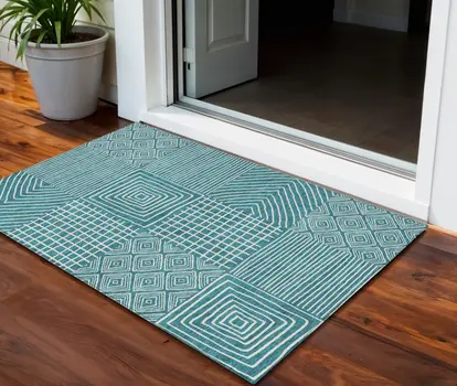 3' X 5' Teal Blue And Ivory Geometric Washable Indoor Outdoor Area Rug