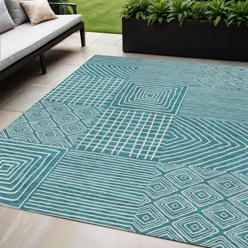 5' X 8' Teal Blue And Ivory Geometric Washable Indoor Outdoor Area Rug