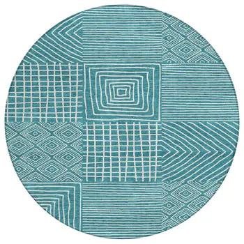 8' Teal Blue And Ivory Round Geometric Washable Indoor Outdoor Area Rug