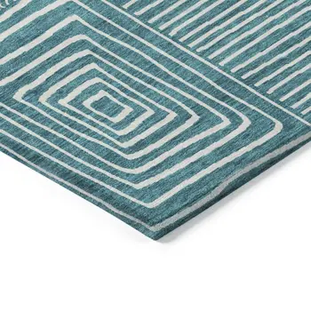 8' Teal Blue And Ivory Round Geometric Washable Indoor Outdoor Area Rug