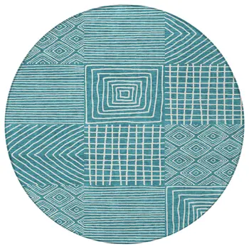 8' Teal Blue And Ivory Round Geometric Washable Indoor Outdoor Area Rug