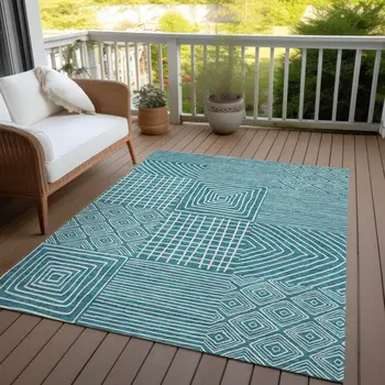 8' X 10' Teal Blue And Ivory Geometric Washable Indoor Outdoor Area Rug
