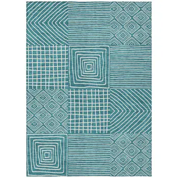 8' X 10' Teal Blue And Ivory Geometric Washable Indoor Outdoor Area Rug