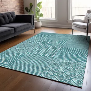8' X 10' Teal Blue And Ivory Geometric Washable Indoor Outdoor Area Rug