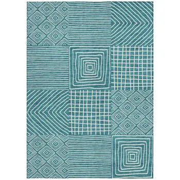 9' X 12' Teal Blue And Ivory Geometric Washable Indoor Outdoor Area Rug