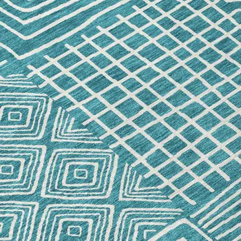 9' X 12' Teal Blue And Ivory Geometric Washable Indoor Outdoor Area Rug