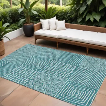 10' X 14' Teal Blue And Ivory Geometric Washable Indoor Outdoor Area Rug