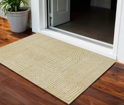 3' X 5' Wheat And Ivory Geometric Washable Indoor Outdoor Area Rug