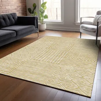 5' X 8' Wheat And Ivory Geometric Washable Indoor Outdoor Area Rug