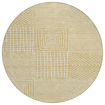 8' Wheat And Ivory Round Geometric Washable Indoor Outdoor Area Rug