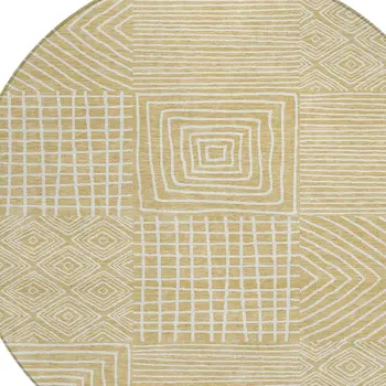 8' Wheat And Ivory Round Geometric Washable Indoor Outdoor Area Rug