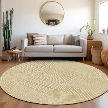 8' Wheat And Ivory Round Geometric Washable Indoor Outdoor Area Rug