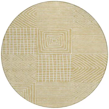 8' Wheat And Ivory Round Geometric Washable Indoor Outdoor Area Rug