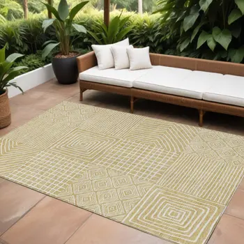 9' X 12' Wheat And Ivory Geometric Washable Indoor Outdoor Area Rug