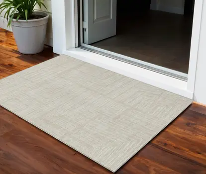 3' X 5' Beige And Ivory Geometric Washable Indoor Outdoor Area Rug